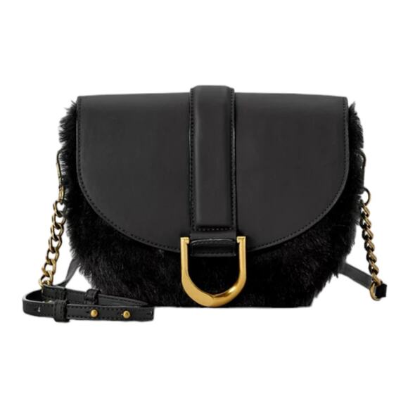 SCOOP BLACK FAUX FUR CROSSBODY GOLD TONE HARDWARE - Picture 5 of 8